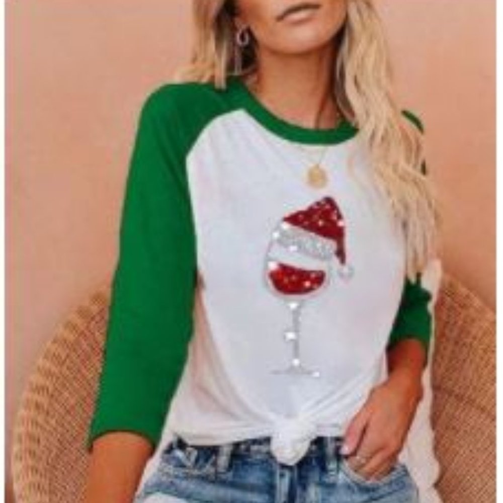 Christmas Print Crew Neck Three-quarter Sleeve T-s